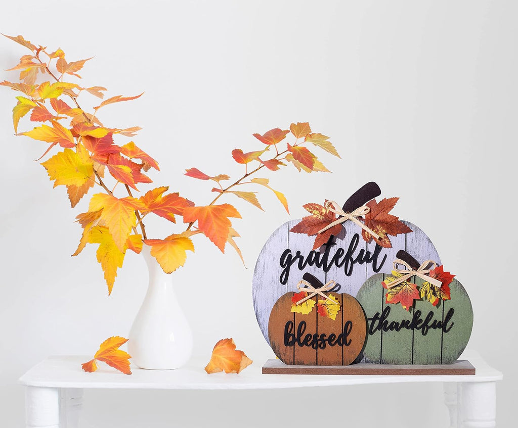 Fall Decorations Blessed Grateful Thankful Fall Decor Wooden Pumpkin Tabletop Signs Thanksgiving Farmhouse Living - Set of 3