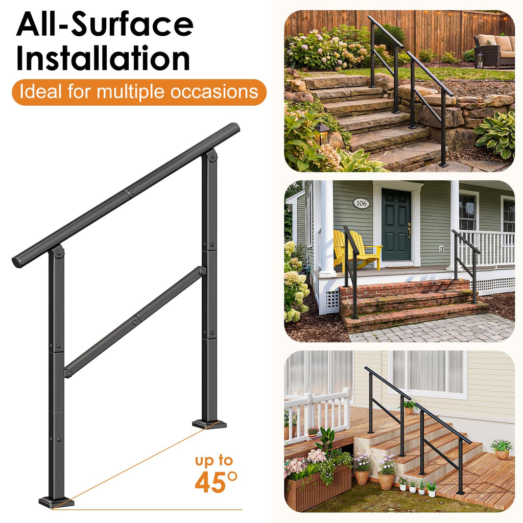 Hand Rails for Outdoor Steps, 2 to 3 Steps Stainless Railing for Stairs, for Seniors & Kids, Outdoor Stair Railing for