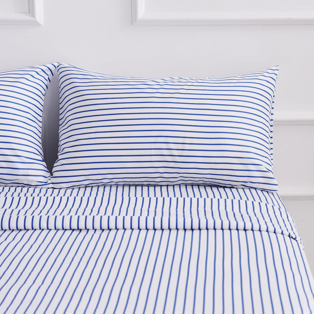 Blue Striped Bed Sheet Set 4 Piece with 16-Inch Deep Pockets- Super Soft & Wrinkle Free Stripe Bed Sheets