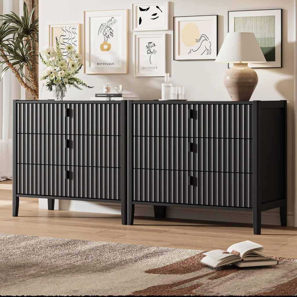 Black 5 Drawer Dresser, Modern Tall Dresser , Fluted Wood Chest of Drawers with Deep Drawers for Clothes, Storage