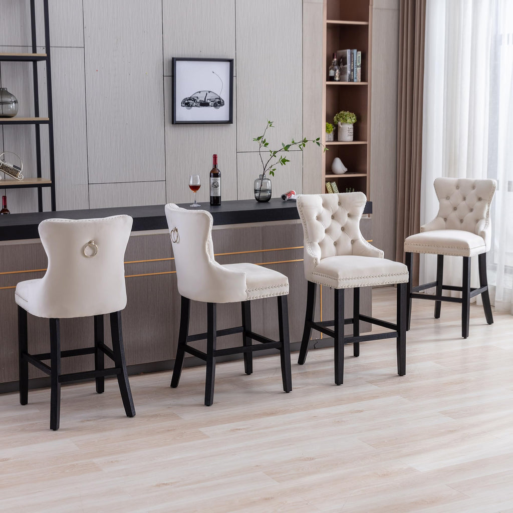 Bar Stools Set of 4, Velvet 26" Kitchen Island Stools, Button Tufted, Beige