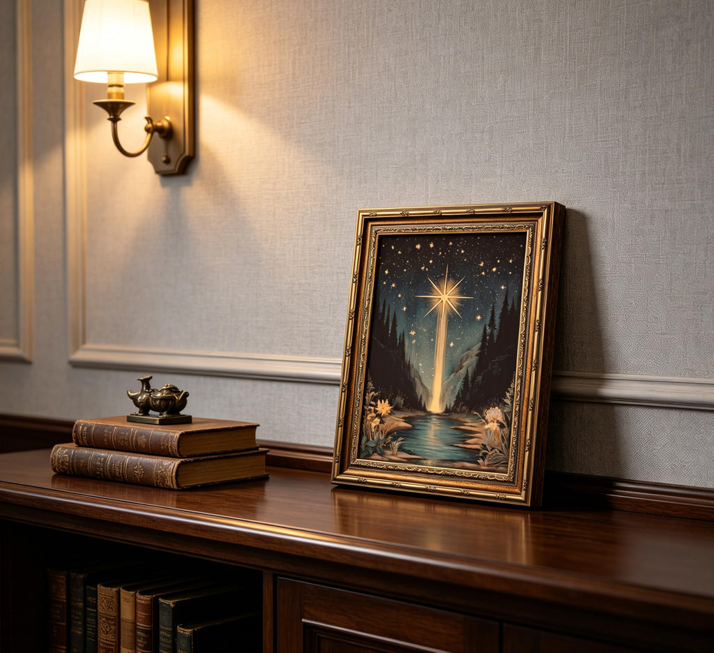 Vintage Gold Framed Celestial bodies Starlight Landscape Wall Art, Celestial Night Sky Canvas Print Poster, Magical