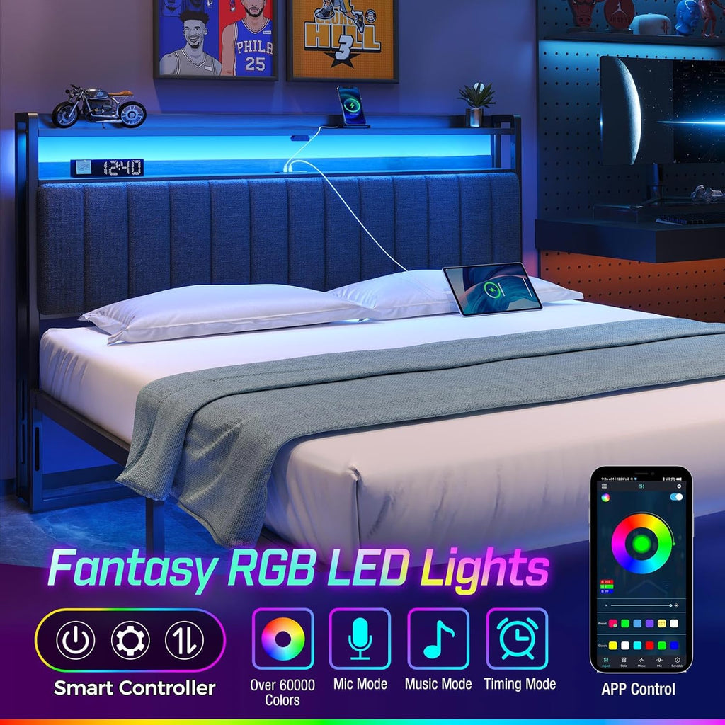 Headboard for King Bed with Storage, 60,000 DIY Color of LED Light, Head Board with USB & Type C Port