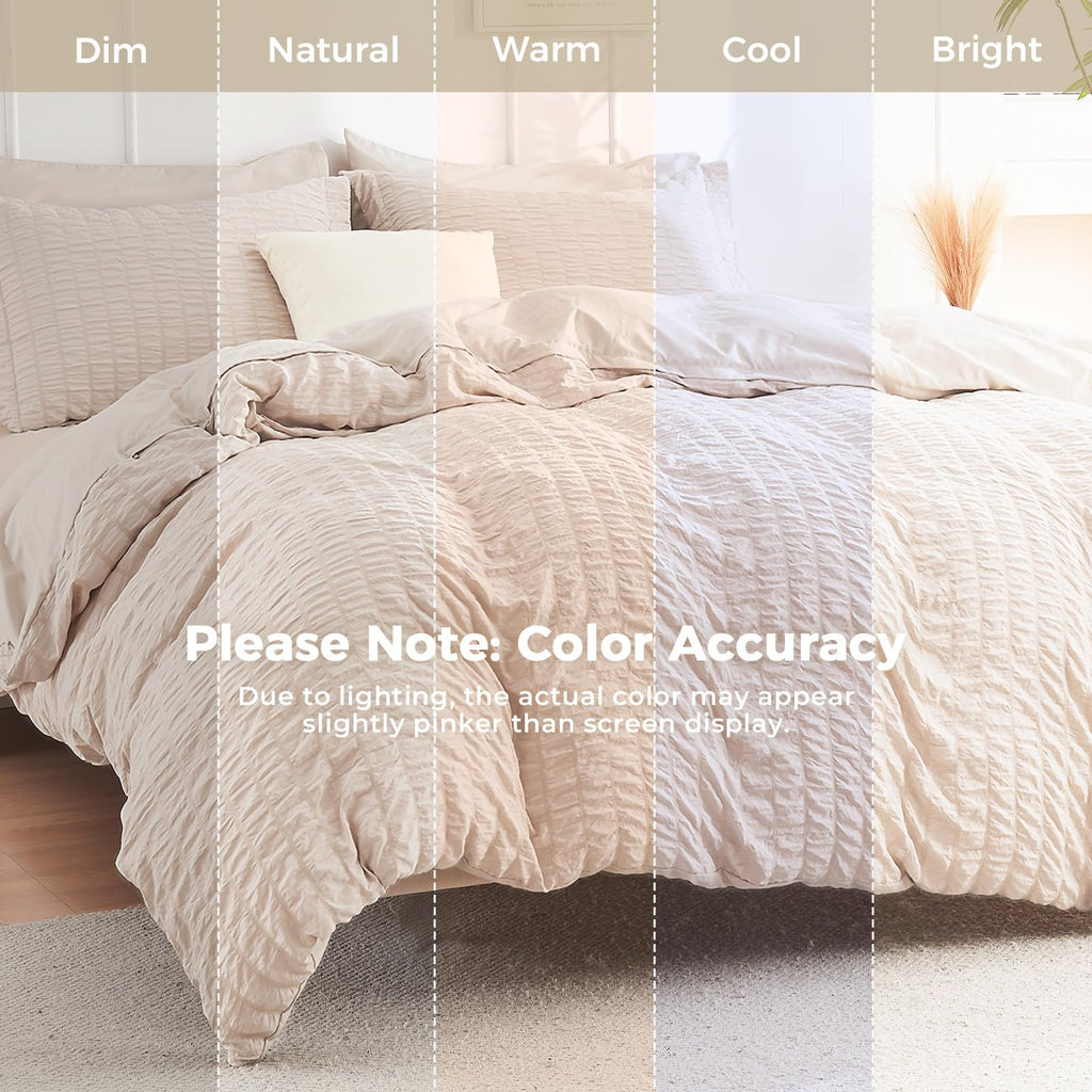 Comforter Set - 7PCS Bed in a Bag, Seersucker Bedding Set, Beige