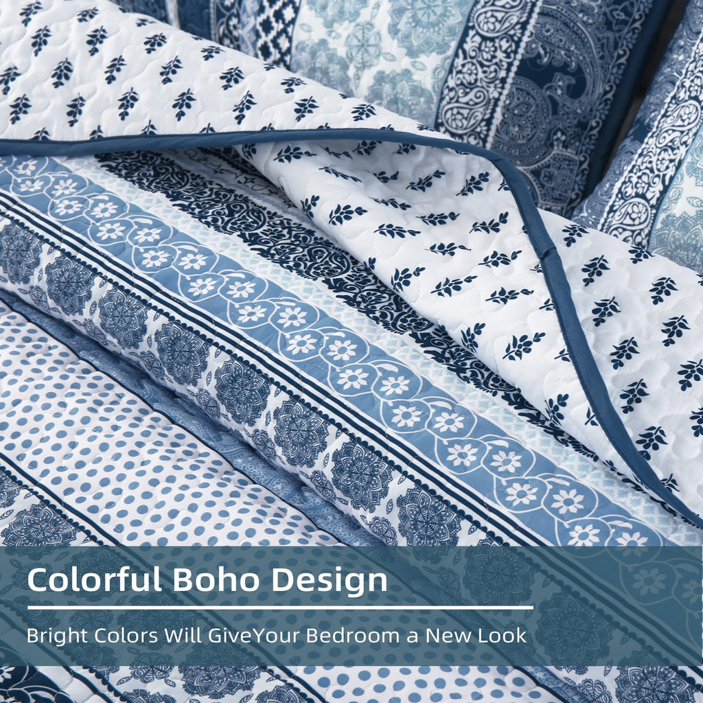 Boho Quilt Set, 3 Pcs Navy Blue Bedspread Covrtlet Set