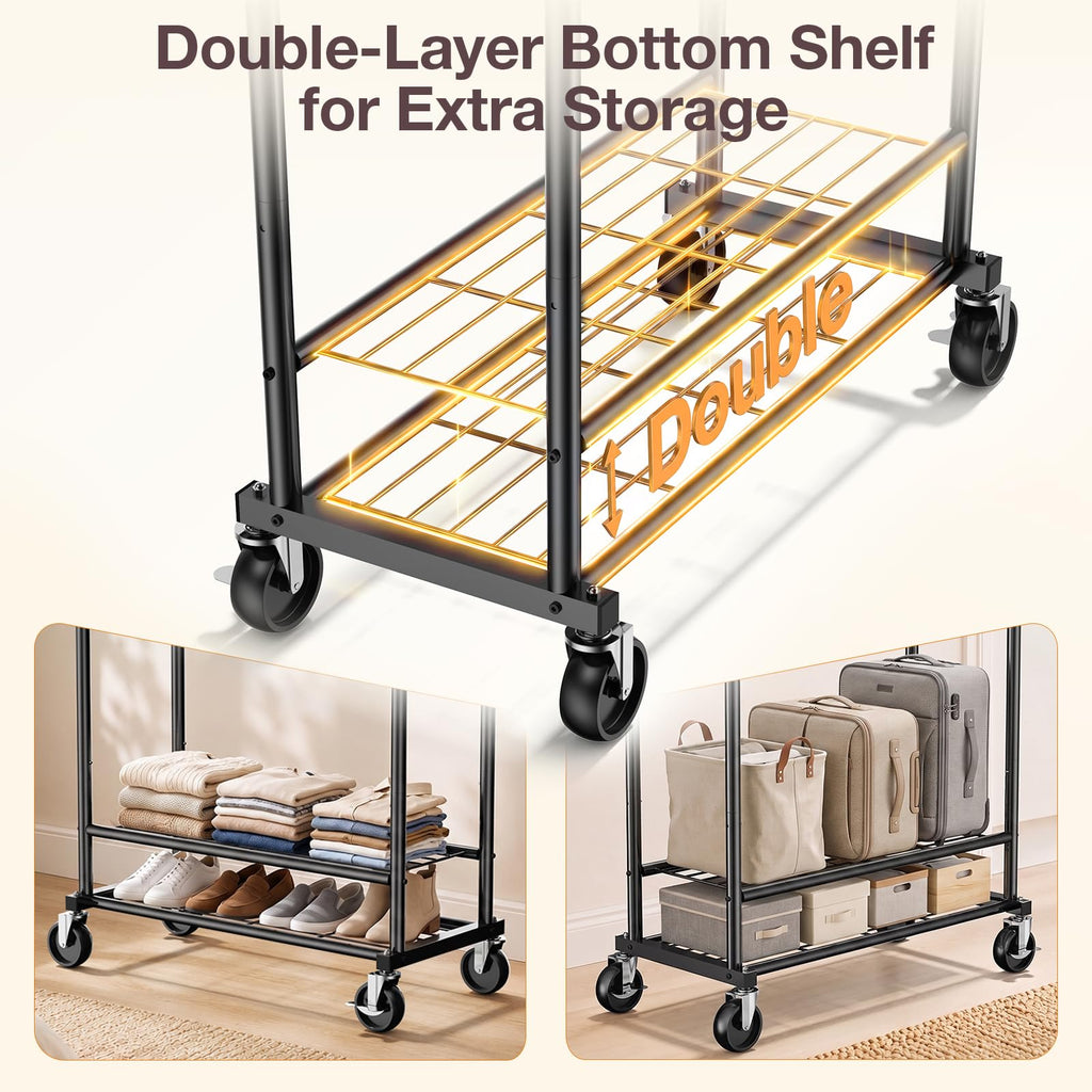 Heavy Duty Clothes Rack Load 960LBS, Adjustable Three Rods Rolling Garment Rack with Double-Layer Bottom Shelf