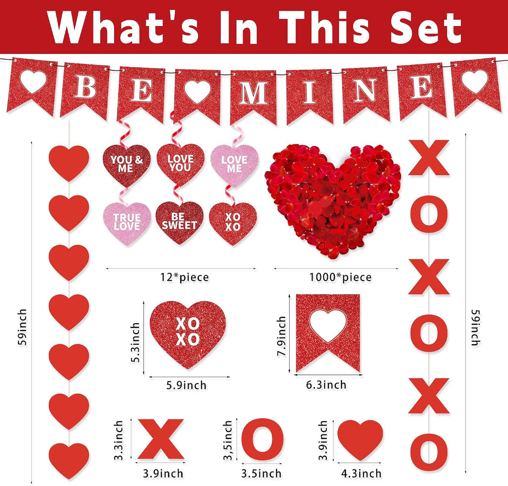 Valentine's Day Decorations Set BE MINE Banner Love Heart XO Garlands Rose Petals for Valentines Wedding Anniversary