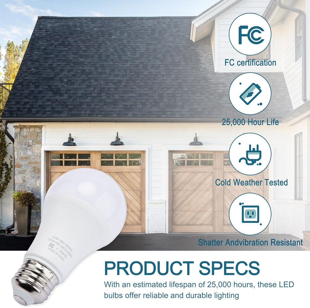 2 Pack 9W 800LM 4000K Garage Door Opener LED Light Bulbs A19 E26 Base White