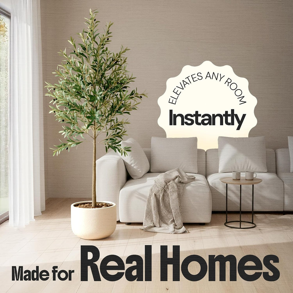 Artificial Olive Tree 6ft Indoor - Faux Olive Tree with Real Wood Trunk & Adjustable Branches, Tall Fake Plant &