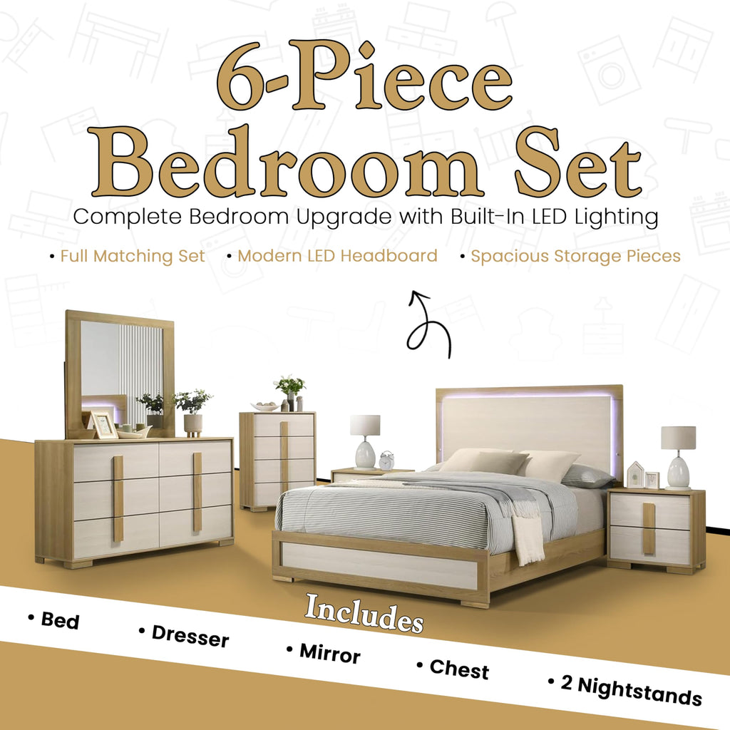 6-Piece Natural/White Bedroom Set - Bed with LED Lights, Dresser, Mirror, Chest and 2 Nightstands (Queen)