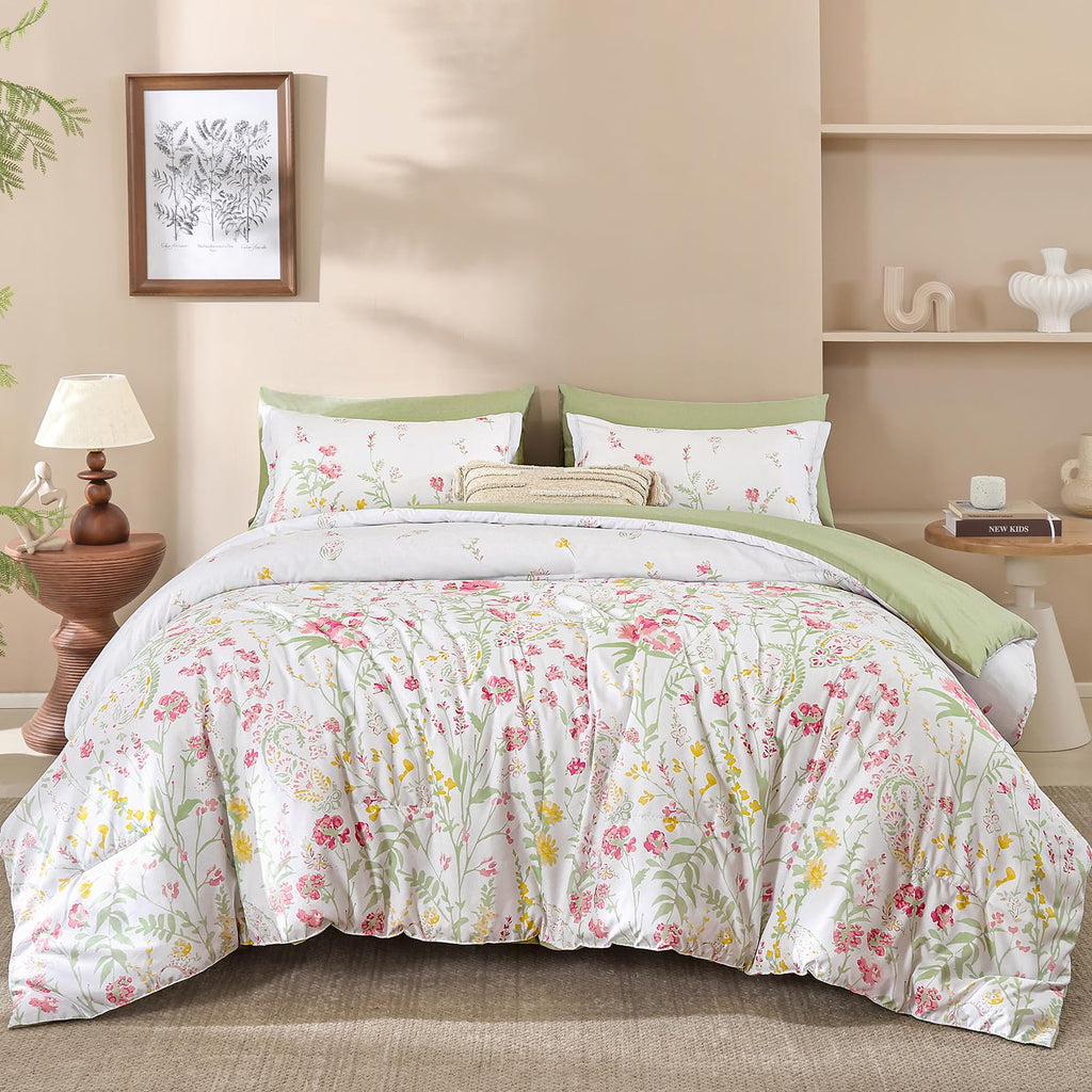 7 Piece Pink Green Floral Comforter Set, Cute Botanical Comforters Lightweight Coquette Bedding Set Flower