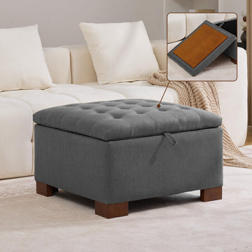 30" Fabric Square Storage Ottoman with Wooden Tray, Modern Tufted Button Footstool Coffee Table, Upholstered Large