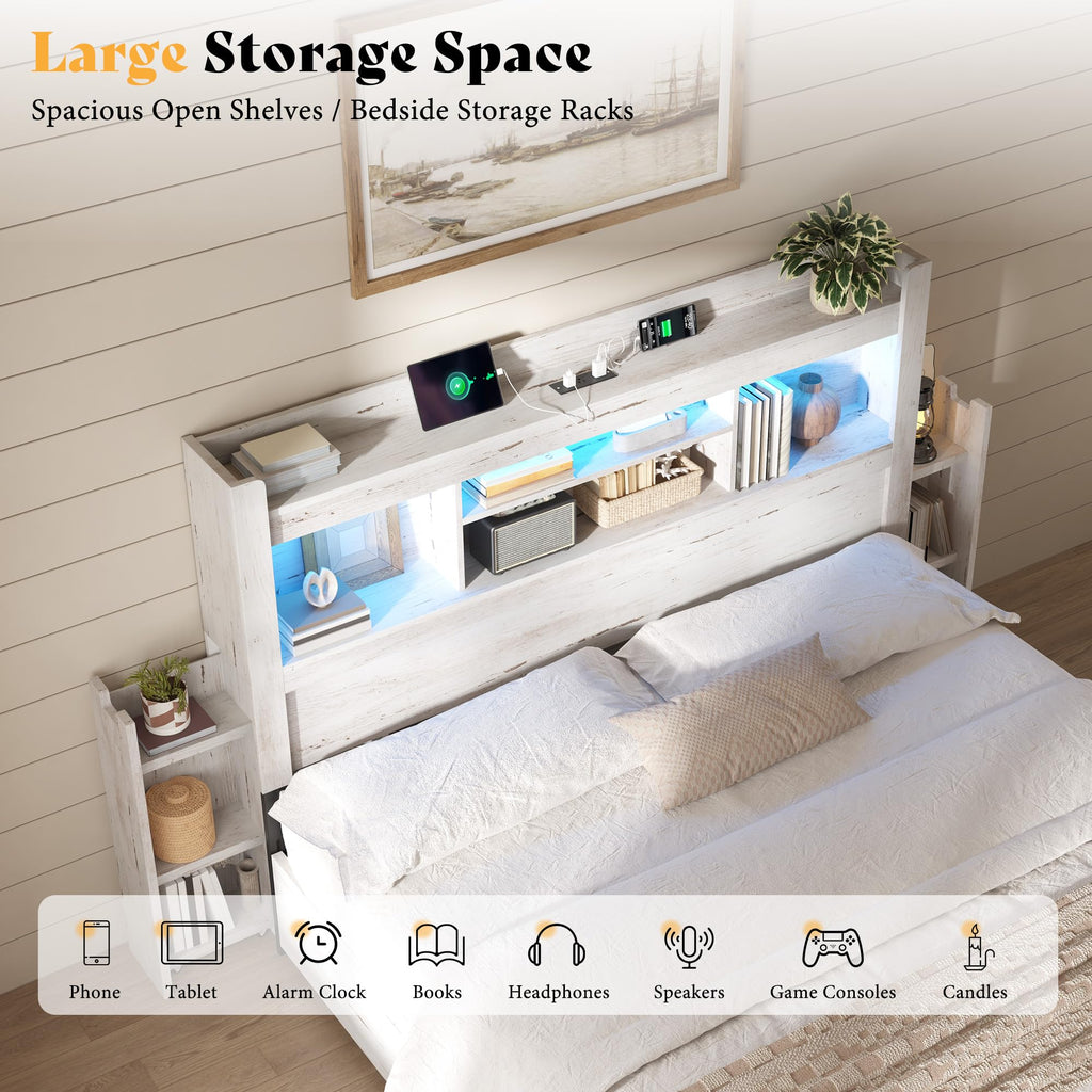 Wood Headboard Only with Storage, Distressed White