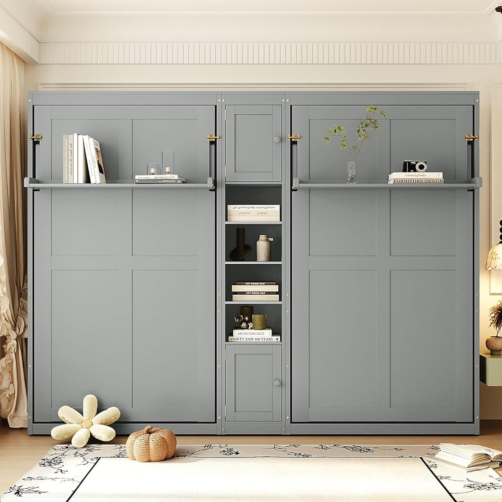 Dual Twin Murphy Beds with Storage Shelves and Cabinets, Pine Wood Space-Saving Hideaway Double Murphy Wall Beds with