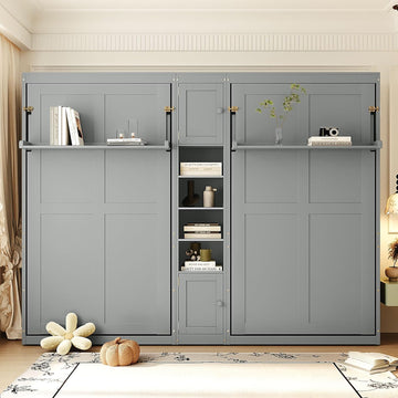 Dual Twin Murphy Beds with Storage Shelves and Cabinets, Pine Wood Space-Saving Hideaway Double Murphy Wall Beds with