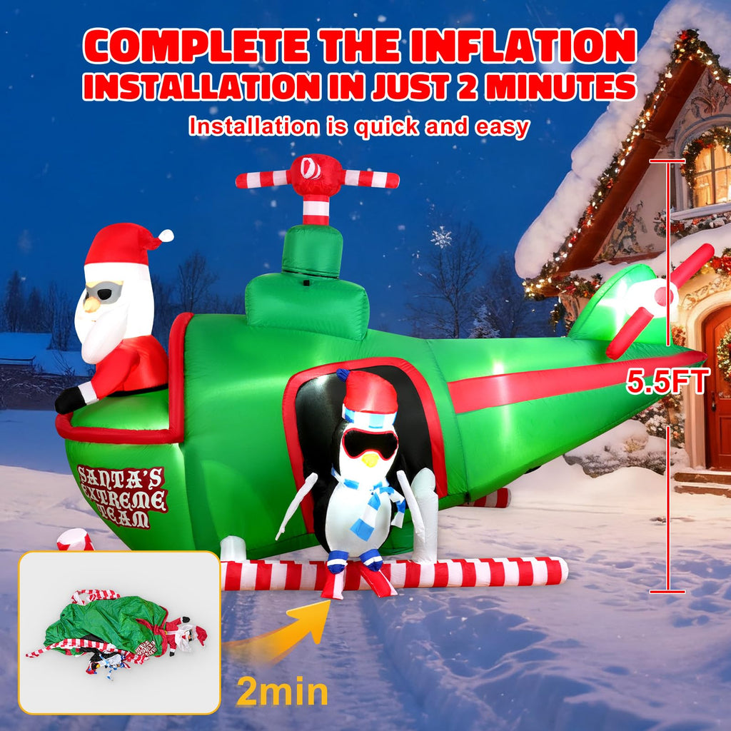 8ft Wide&5.5ft Tall Christmas Inflatable Outdoor Decorations, Blow up Yard Decor with Santa Claus to Fly a Helicopter
