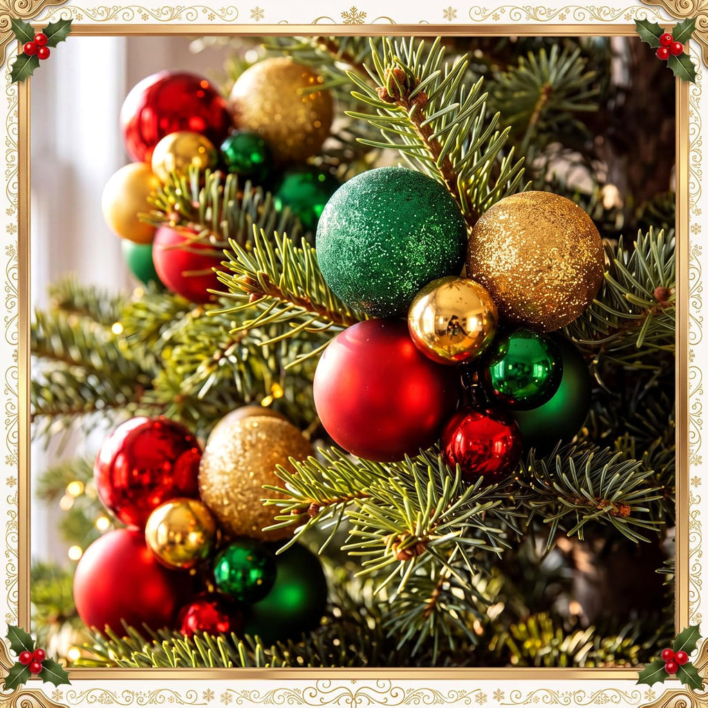 100 Pcs Red Green Gold Christmas Balls Cluster Ornament Decor & Ties