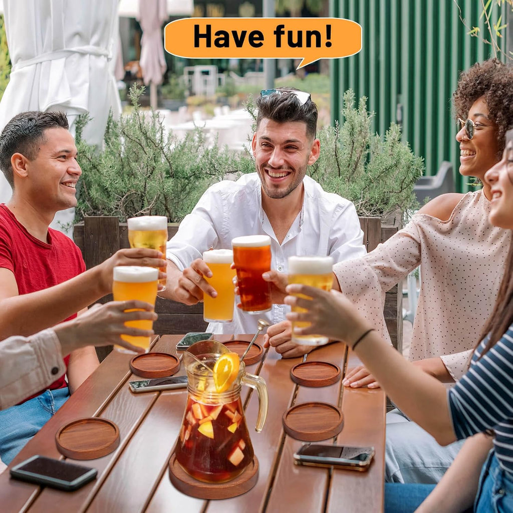 Wooden Coasters with Holder, Acacia Wood Drink Coasters for Farmhouse, Patio, Bar Decoration - Set of 6