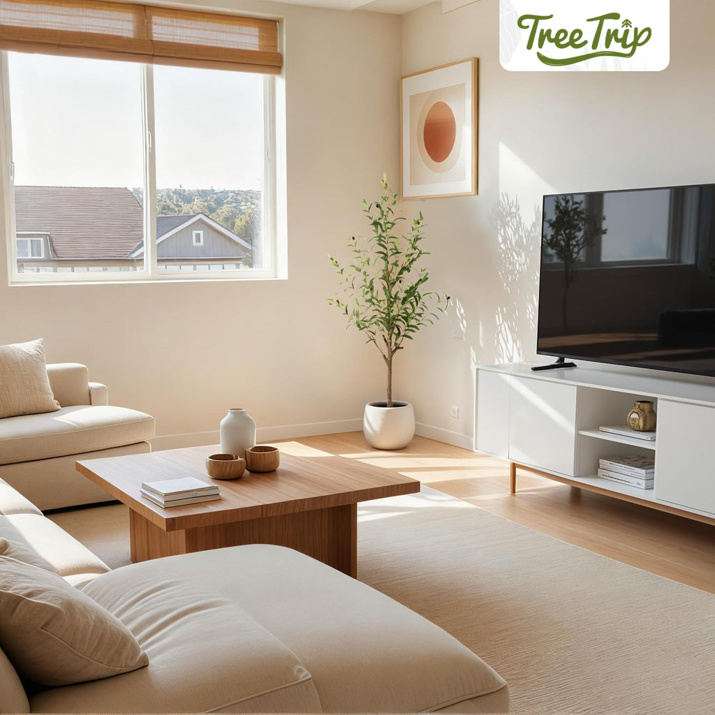 Olive Tree Artificial Indoor, 4 FT Faux Olive Trees with Planter, Fake Plants with Natural Trunk and Lifelike Fruits