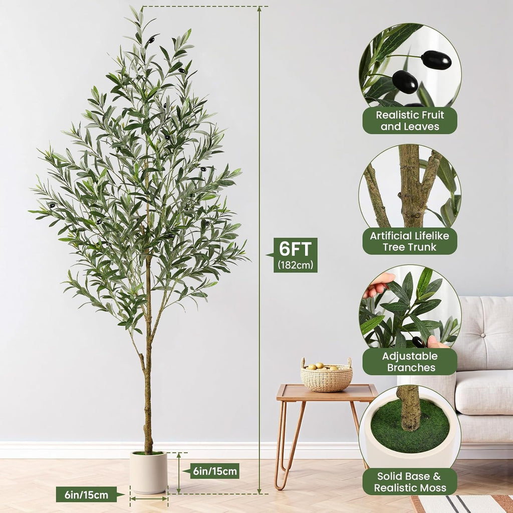 6FT Faux Olive Tree with Fruits White Pot, Indoor Home Decor
