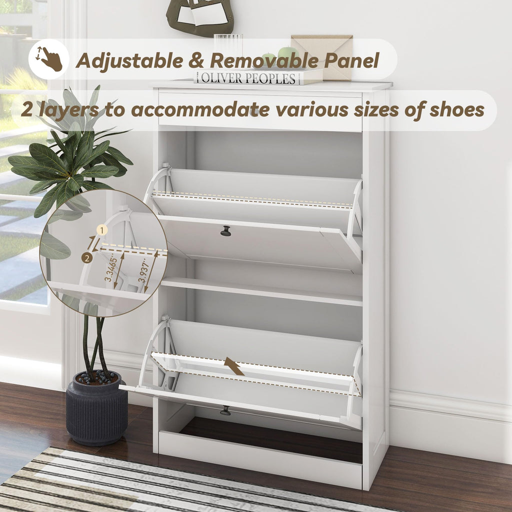 Shoe Cabinet with 2 Flip Drawers, Slim Shoe Storage Cabinet, White