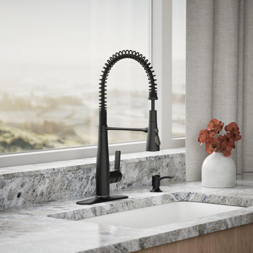Semi-Pro Kitchen Sink Faucet with Soap Dispenser | REC22745-SD-BL, Commercial Kitchen Faucets with Pull Down Sprayer