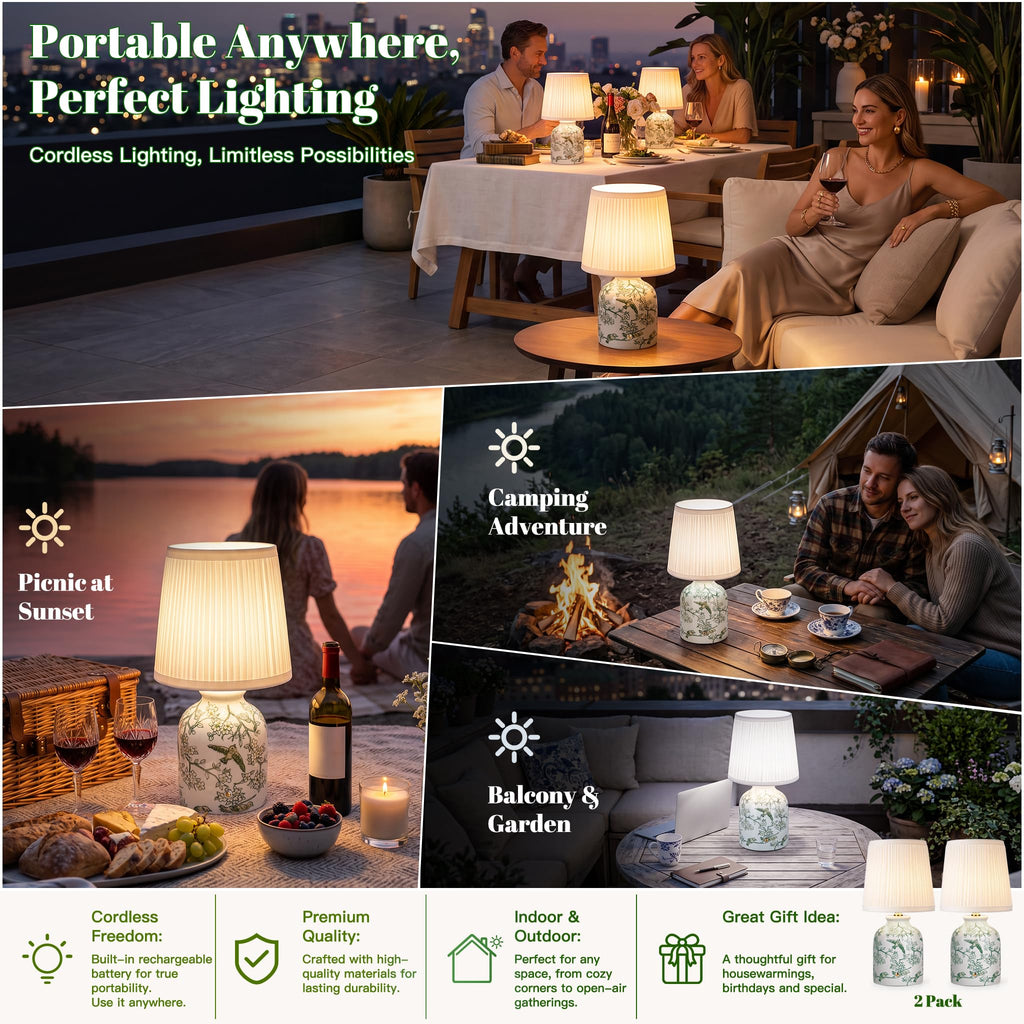 Rechargeable Cordless Small Ceramic Table Lamps Set of 2, Green