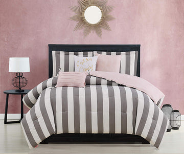 Cabana Stripe Reversible Bedding Set - Grey and White Stripe Print - 6 Piece Set - Includes 1 104" x 90"