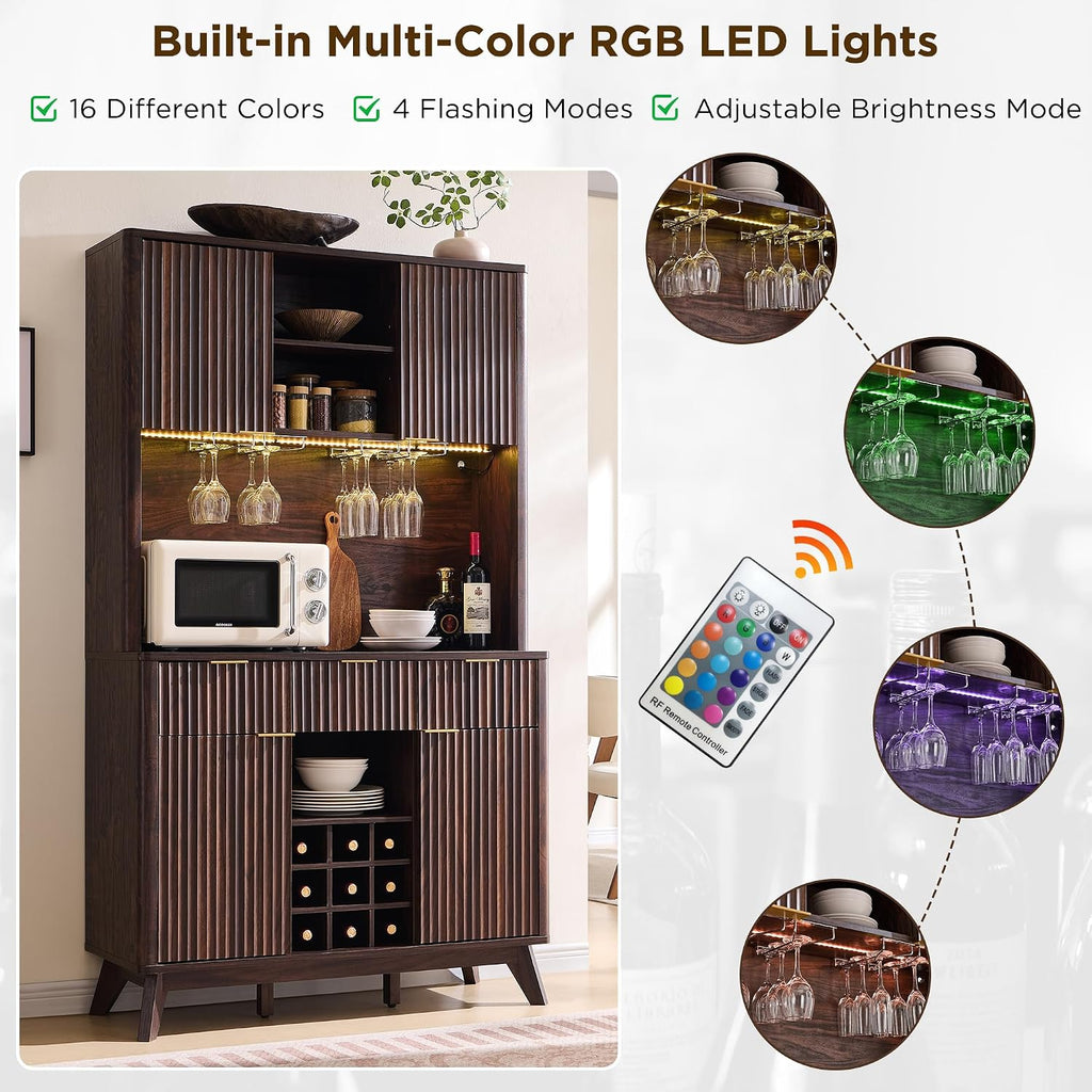 72" Tall Coffee Bar Cabinet, Fluted Wooden Wine Cabinet, Dark Walnut | Power Outlets, Led Lights, 4 Stemware Racks, 9