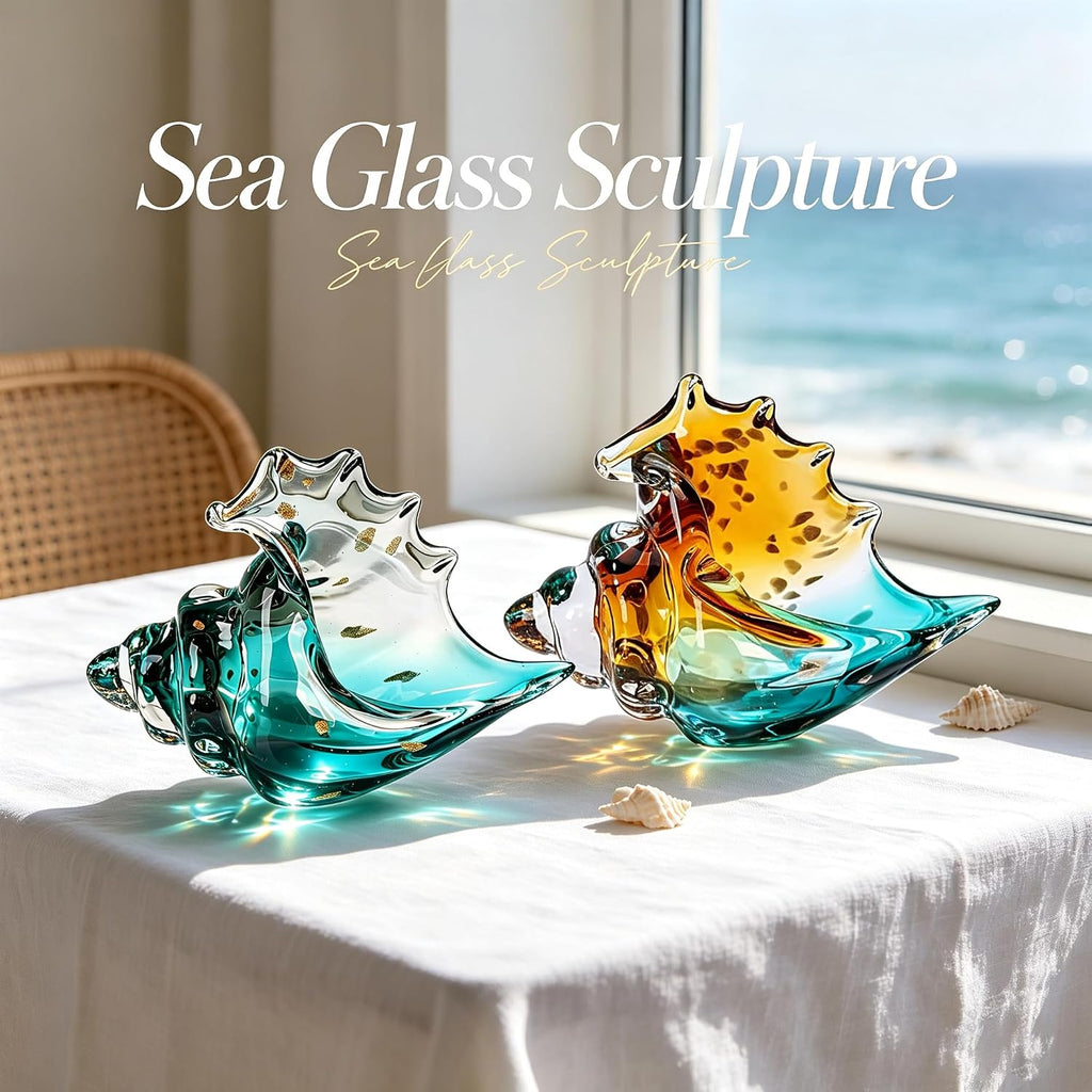 Sea Glass Art Hand Blown Conch Shell Sculpture, Murano Style Coastal Decor, Seashell Decor for Beach House, Above - Set of 50