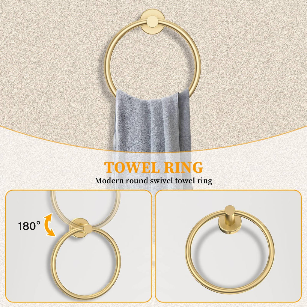 Brushed Gold Bathroom Hardware Set 6-Pieces Towel Bar Set Stainless Steel Bathroom Accessory Set 23.6 Inch Wall
