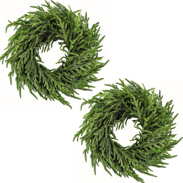 2 Pack Artificial Christmas Wreaths for Front Door, Norfolk Pine & Cedar Greenery with Red Velvet Bows, Real Touch