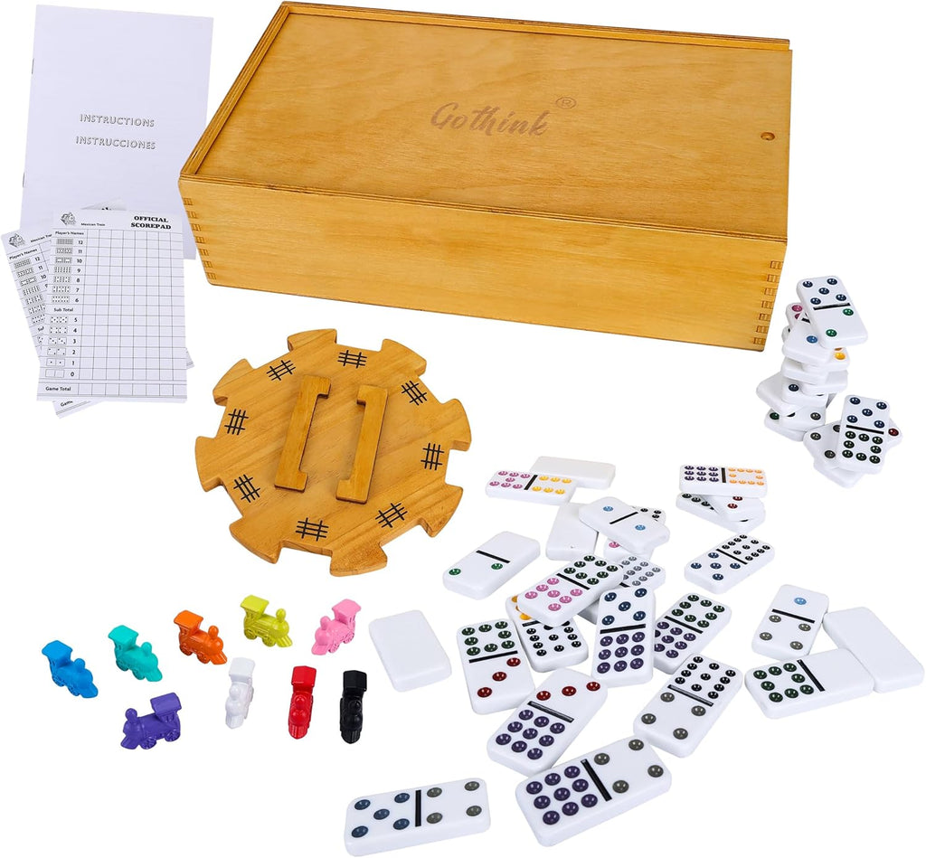 Double 12 Mexican Train Dominoes Set in Wooden Carry Case, Colored Dots Domino Set for Adults Kids and Family