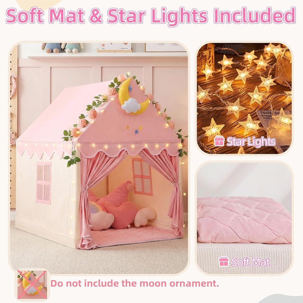 Kids Tent for Grils Indoor: with Mat, Star Lights - Pink Play Tents for Kids Indoor Playhouse - Princess Tent