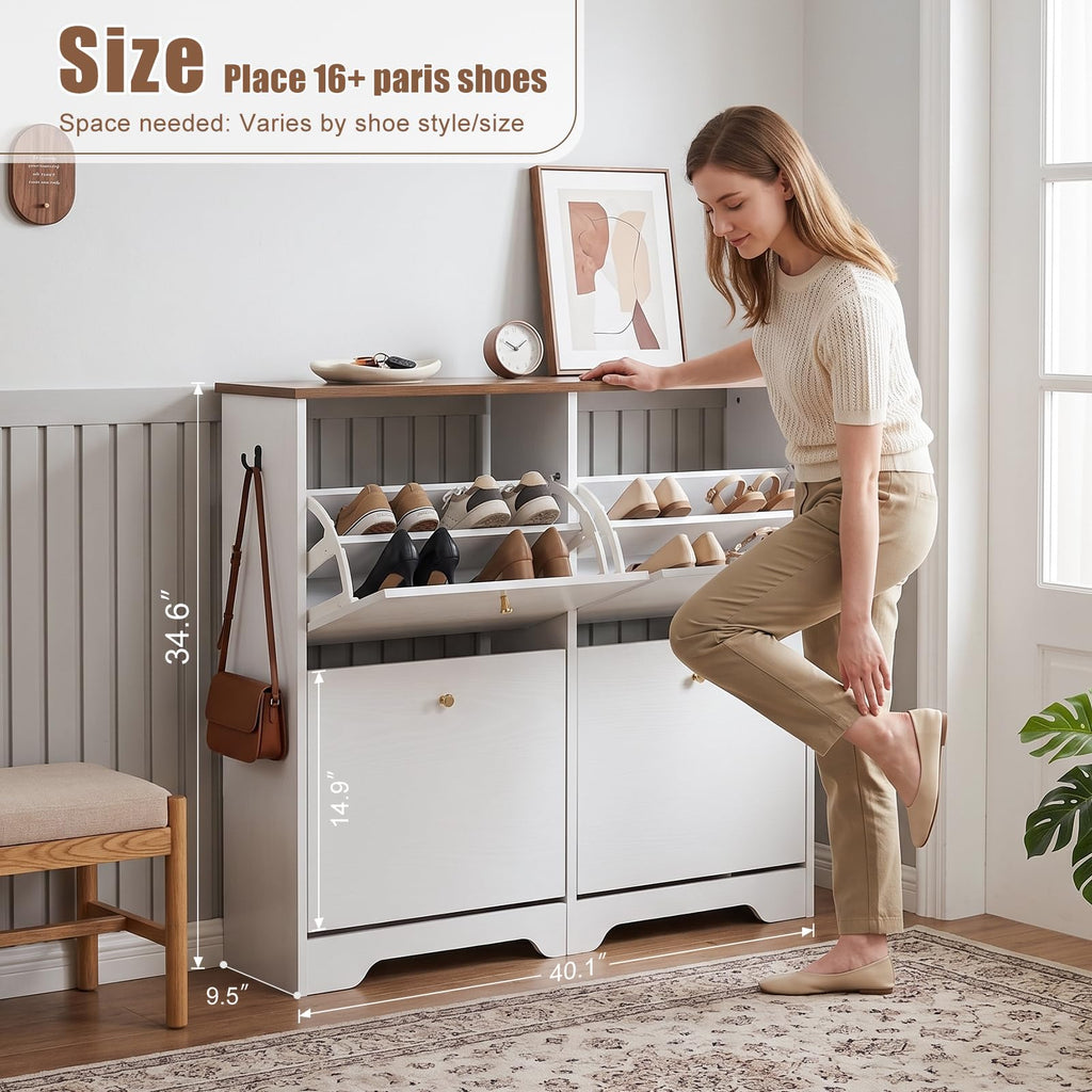 Shoe Cabinet, 4 Flip Drawers Slim White with Walnut Top Entryway