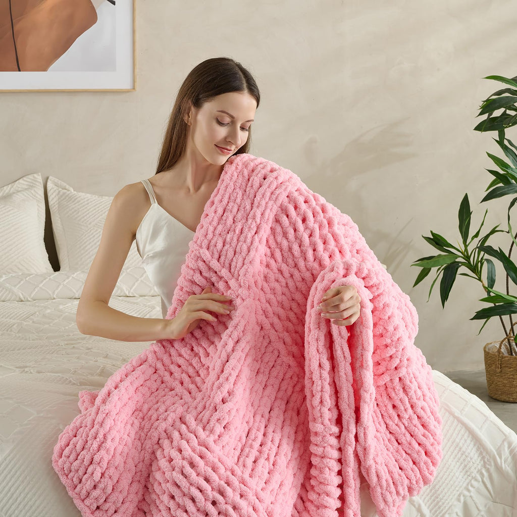 Chunky Knit Blanket Throw 50x60 Inches, Handmade Cable Knit Crochet Blanket, Cozy Lightweight All