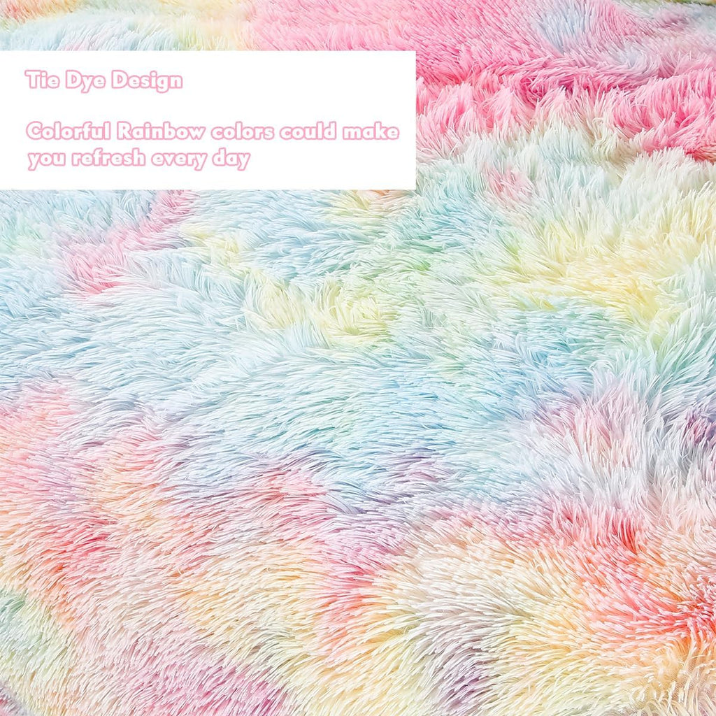 Pink Plush Shaggy Bedding Sets Full 3 Piece Fluffy Faux Fur Girls Comforter Set Soft Tie Dye Velvet Furry Rainbow