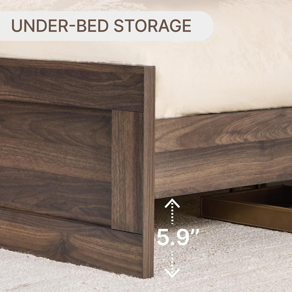 Wood Bed Frame with Headboard and Footboard, Walnut, Queen