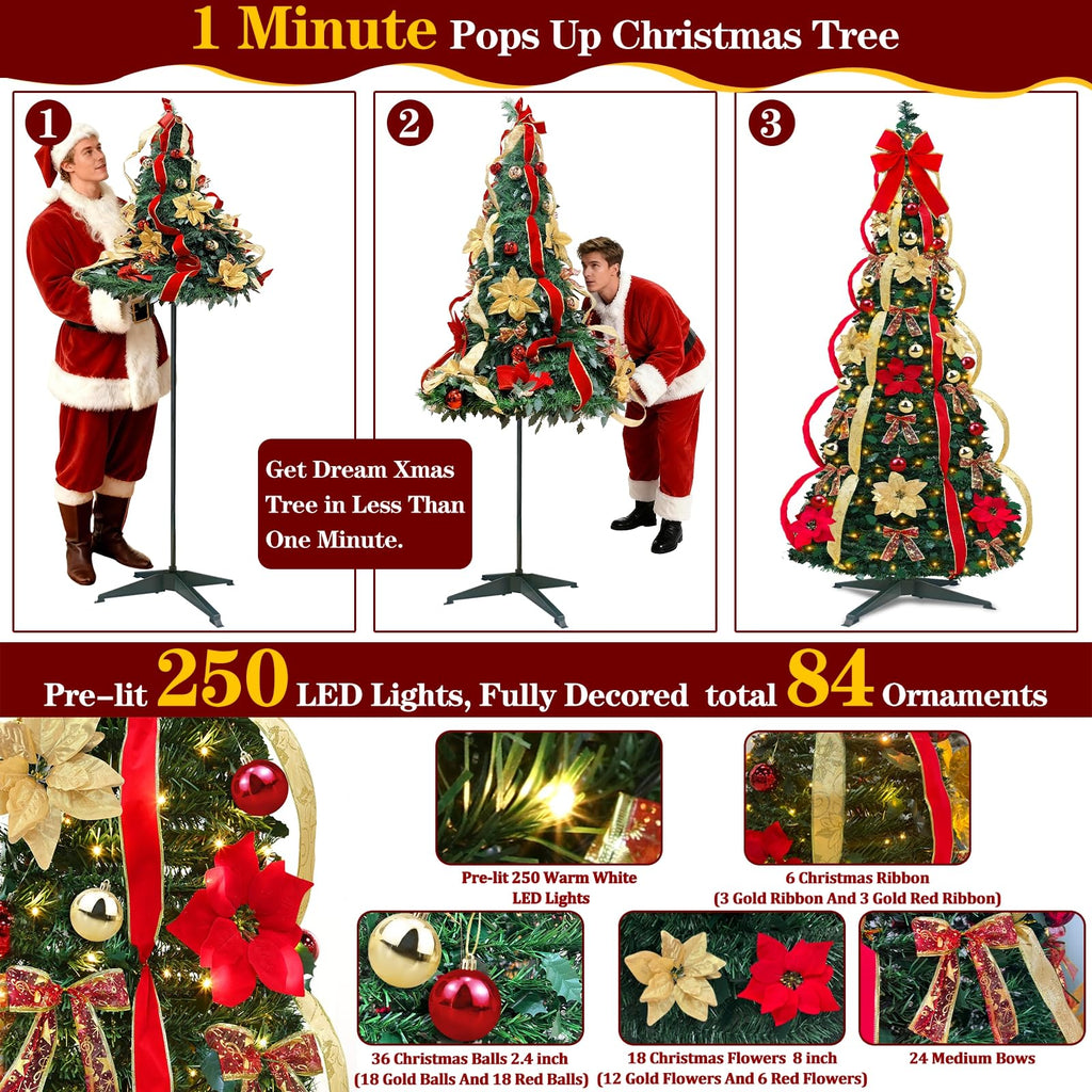 7 FT Prelit Pop Up 250 Warm White LED Lights Xmas Decoration