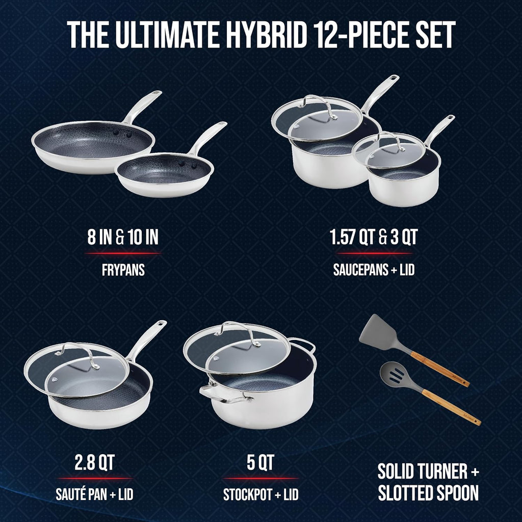 Hybrid 12 Piece Stainless Steel Nonstick Cookware Set | PFAS-Free Ceramic Nonstick Pots & Pans, Diamond Bond