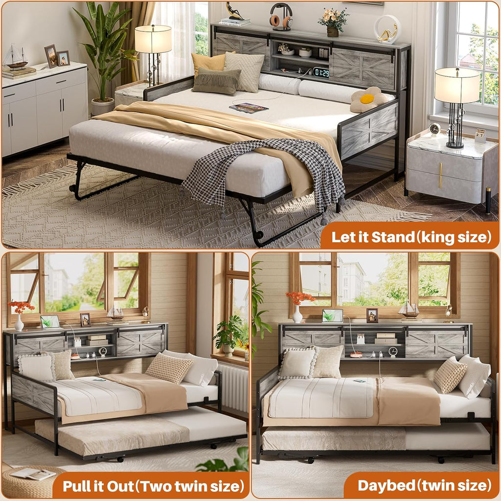 Farmhouse Twin Daybed with Pop-Up Trundle, Light Oak | Metal Trundle Bed Frame with Bookcase Headboard, Twin to King