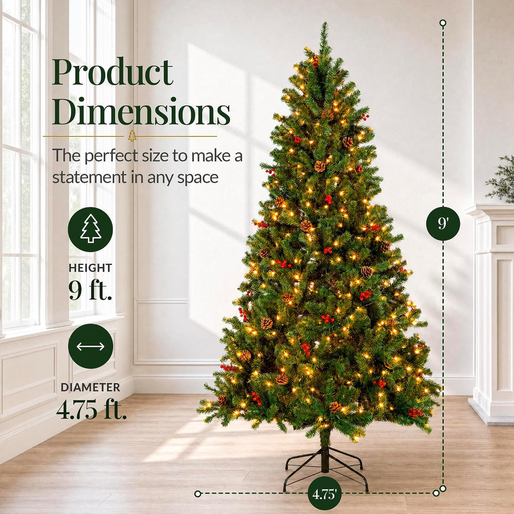 Pre-Lit Pre-Decorated Artificial Christmas Tree Spruce w/Twinkling LEDs Pinecones, Berries, 900 Lights, w/ 2,128