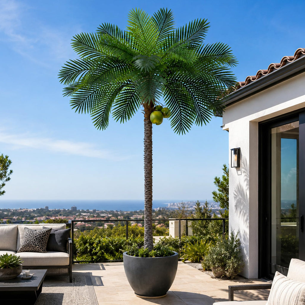 10ft Tall Artificial Phoenix Palm Tree with 3 Coconut Fruits, Large Fake Tropical Silk Tree Outside, Fake Tree
