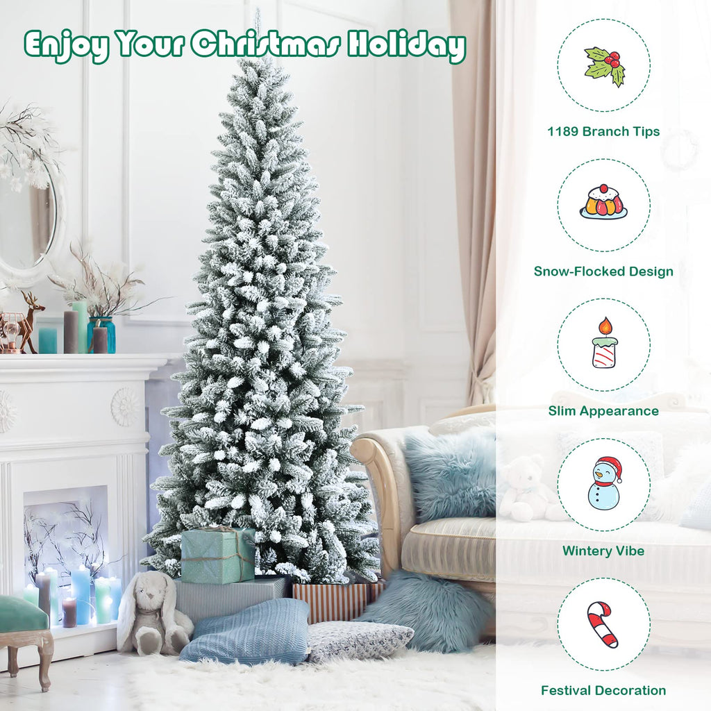 7.5ft Snow Flocked Pencil Christmas Tree with 1189 Branch Tips