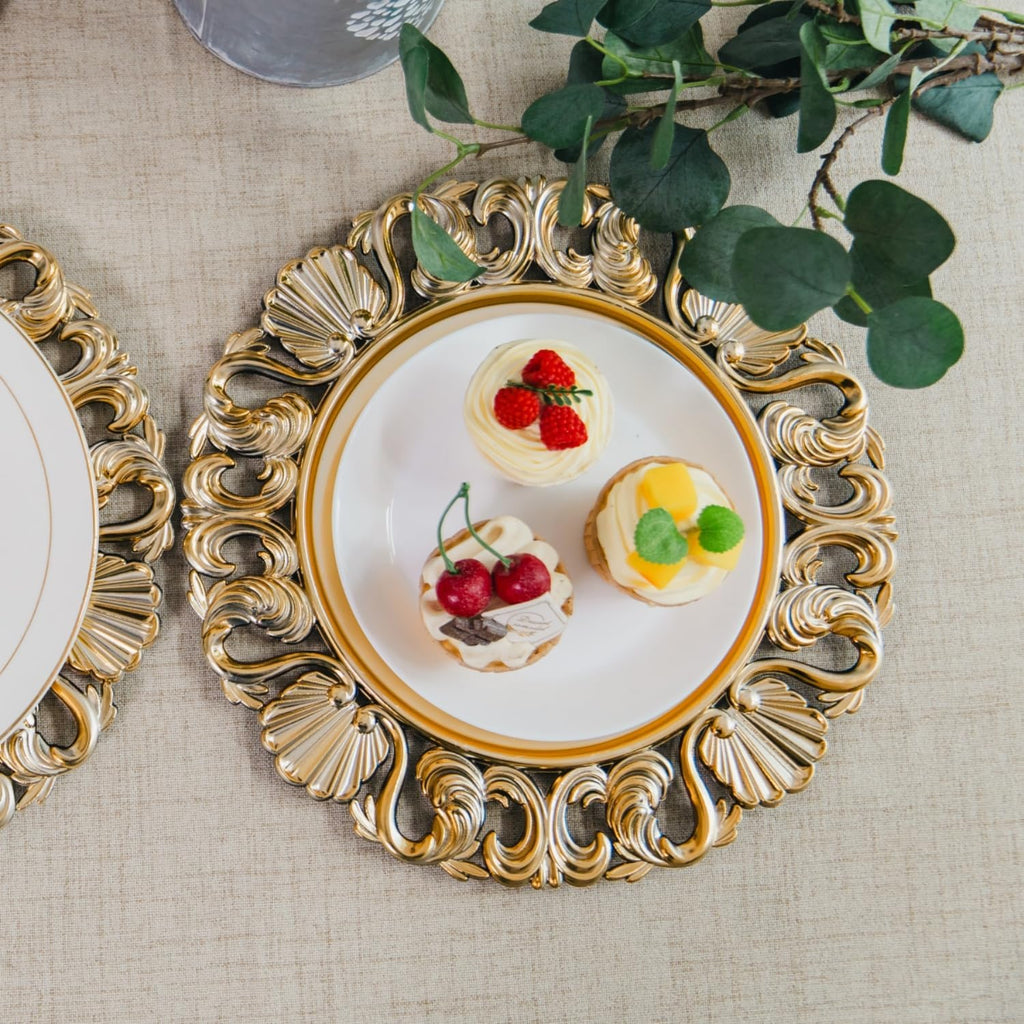 13in Charger Plates- Antique Gold Chargers for Dinner Plates- Round Plastic Hollowed Plate Charger - Set of 12