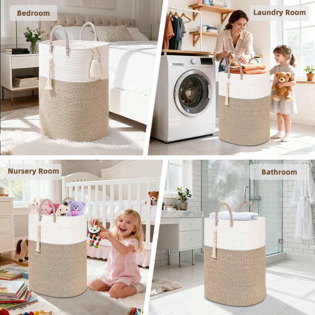 Woven Laundry Basket for Clothes, 80L Large Rectangle Laundry Hampers with Beads Tassel, Nursery Storage Basket for
