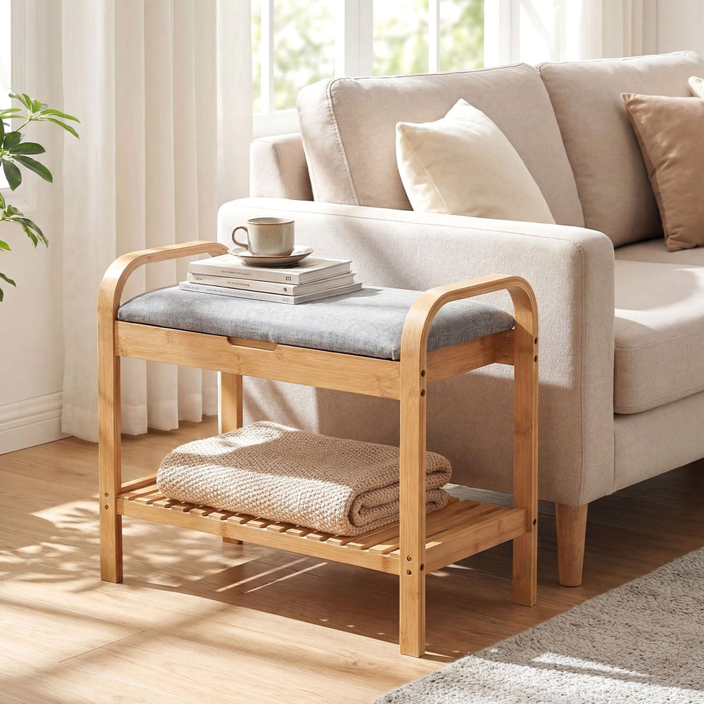 Small Entryway Bench with Storage, 2-Tier Bamboo Shoe Rack Bench with Flip Top Storage Space and Padded Cushion, Shoe