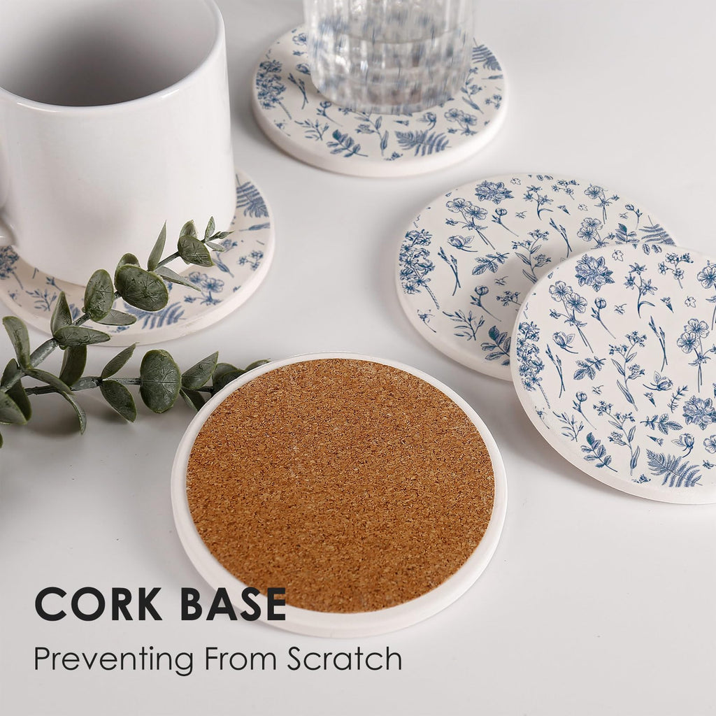 Rustic Drink Coasters Ceramic Absorbent Coasters, 4 Inches Round Stone Drink Coaster with Cork Back for Coffee Table
