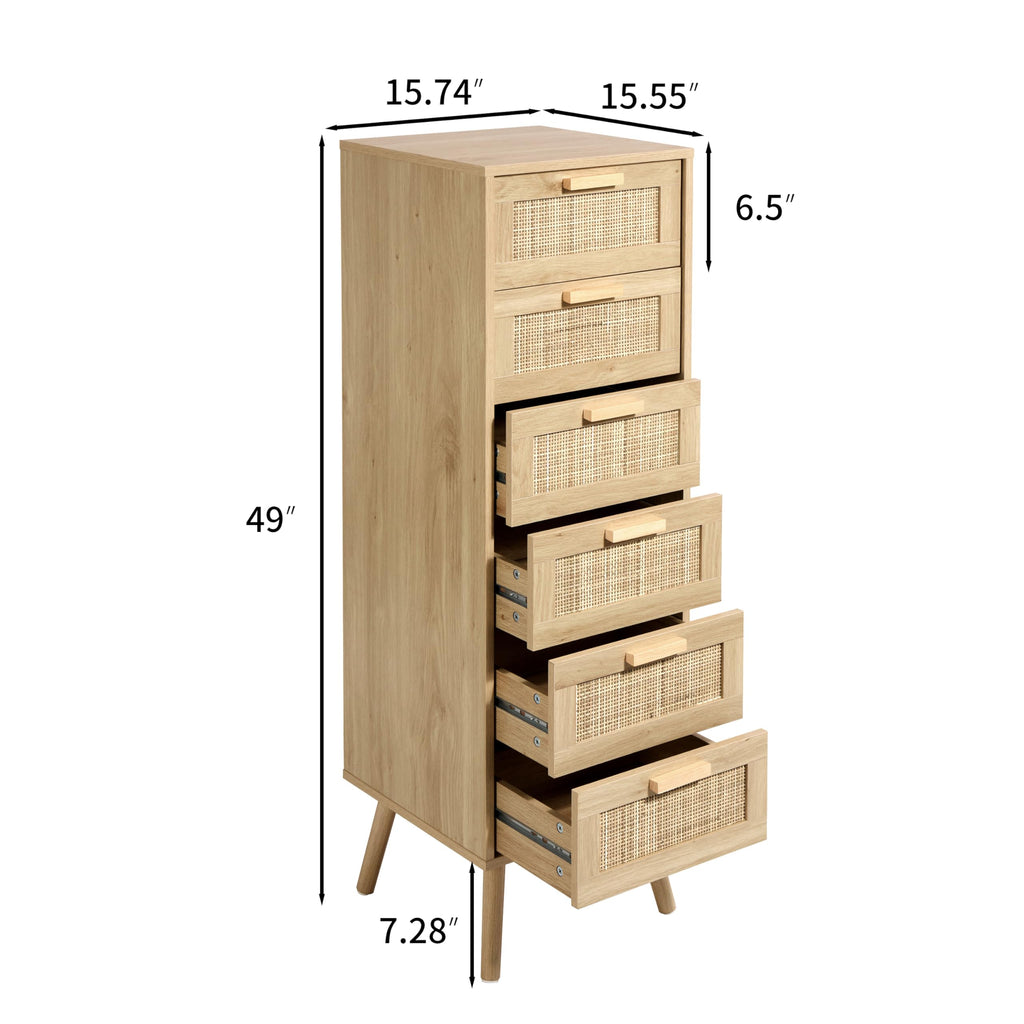 Rattan Dresser, Tall Dresser with 6 Hand Made Rattan Decorated Drawers, Small Chest of Drawers, Closet, Hallway
