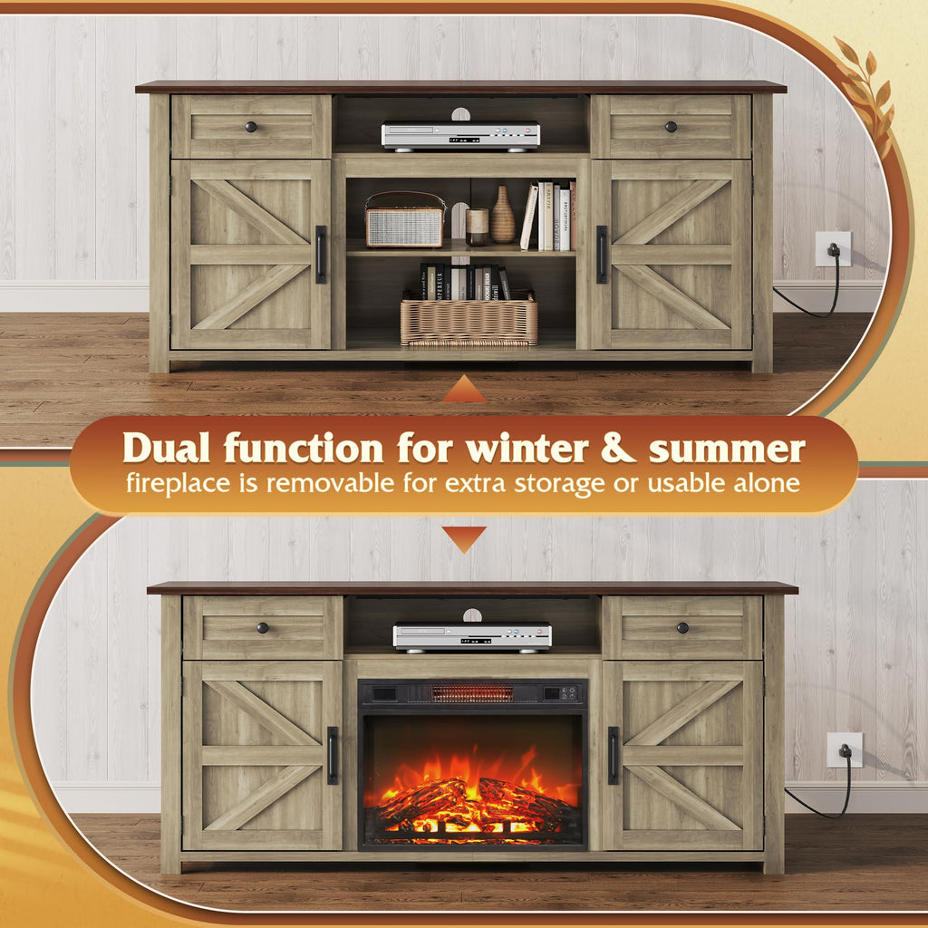 Electric Fireplace TV Stand for 65 75 inch TV, Modern Farmhouse Entertainment Center with Removable Fireplace &